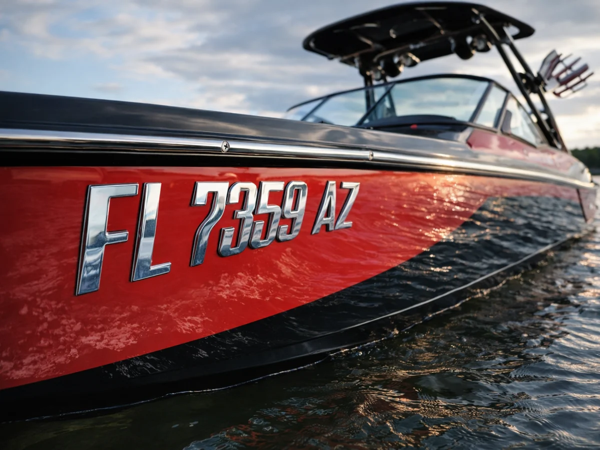 Marine vessel bow showing hull identification number marking placement